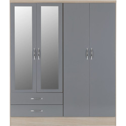 Nevada 4 Door 2 Drawer Mirrored Wardrobe grey gloss/light oak effect veneer front