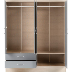 Nevada 4 Door 2 Drawer Mirrored Wardrobe grey gloss/light oak effect veneer internal
