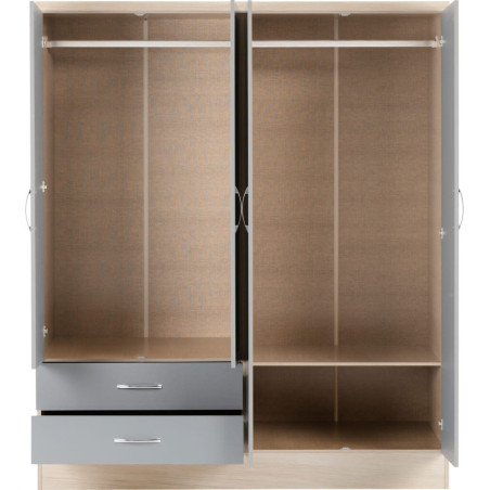 Nevada 4 Door 2 Drawer Mirrored Wardrobe grey gloss/light oak effect veneer internal