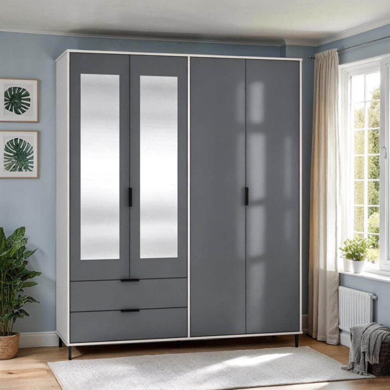 Madrid 4 Door 2 Drawer Mirrored Wardrobe Grey/White Gloss closed
