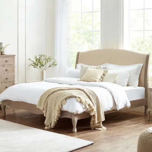 Camille Oatmeal Fabric and Oak Wooden Bed