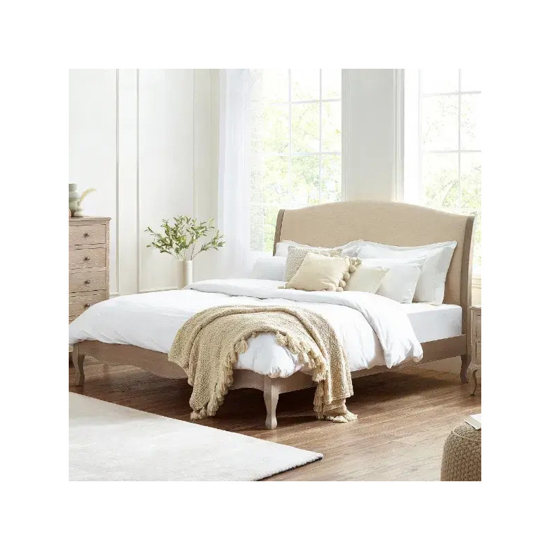 Camille Oatmeal Fabric and Oak Wooden Bed