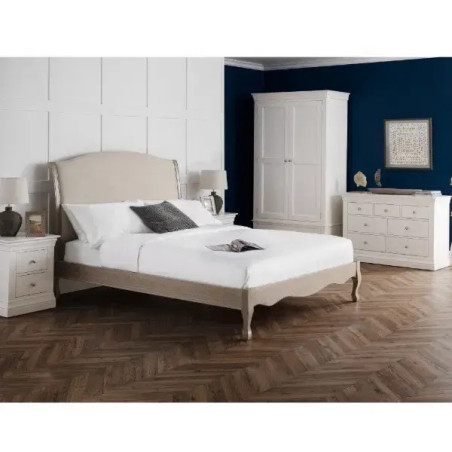 Camille Oatmeal Fabric and Oak Wooden Bed main view