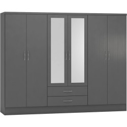 Nevada 6 Door 2 Drawer Mirrored Wardrobe Oyster Gloss/Light Oak Effect Veneer - Home Divine