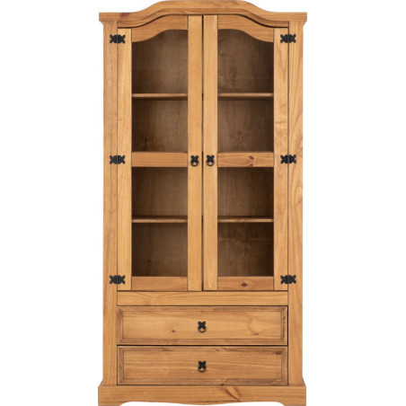 Corona 2 Door 2 Drawer Glass Display Unit Distressed Waxed Pine/Clear Glass front