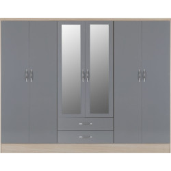 Nevada 6 Door 2 Drawer Mirrored Wardrobe Oyster Gloss/Light Oak Effect Veneer - Home Divine