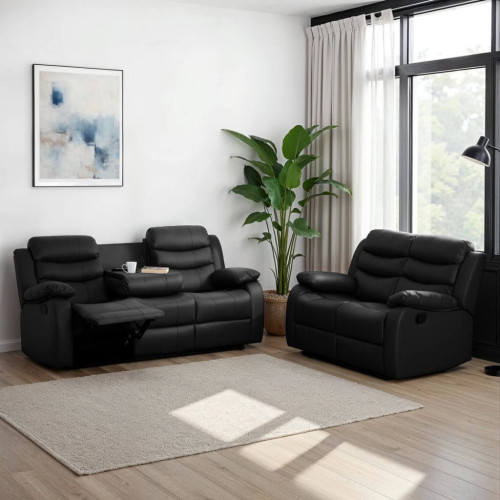 Roma 3+2 Recliner Suite Black Faux Leather