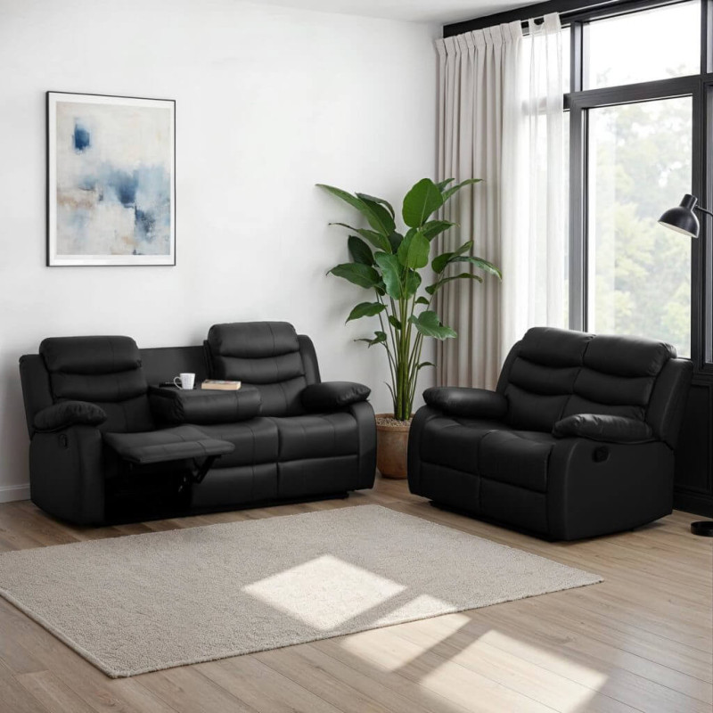 Roma 3+2 Recliner Suite Black Faux Leather