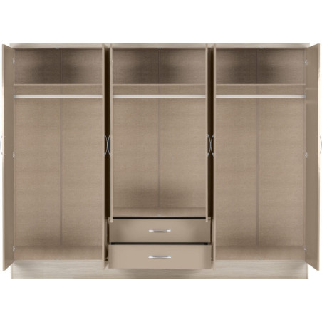 Nevada 6 Door 2 Drawer Mirrored Wardrobe Oyster Gloss/Light Oak Effect Veneer - Home Divine