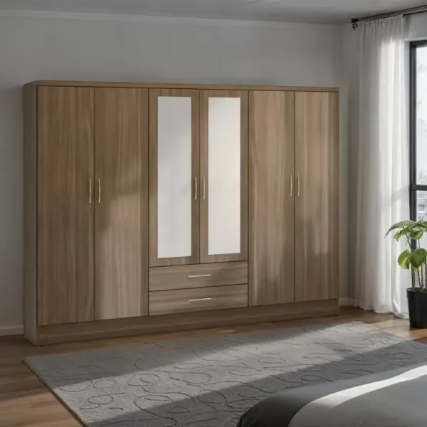 Nevada 6 Door 2 Drawer Mirrored Wardrobe Rustic Oak Effect - Home Divine