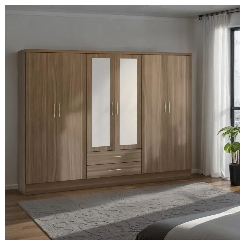 Nevada 6 Door 2 Drawer Mirrored Wardrobe Rustic Oak Effect - Home Divine Nevada 6 Door 2 Drawer Mirrored Wardrobe Rustic Oak Effect - Home Divine