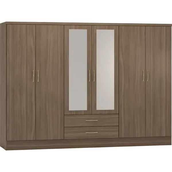Nevada 6 Door 2 Drawer Mirrored Wardrobe Rustic Oak Effect - Home Divine