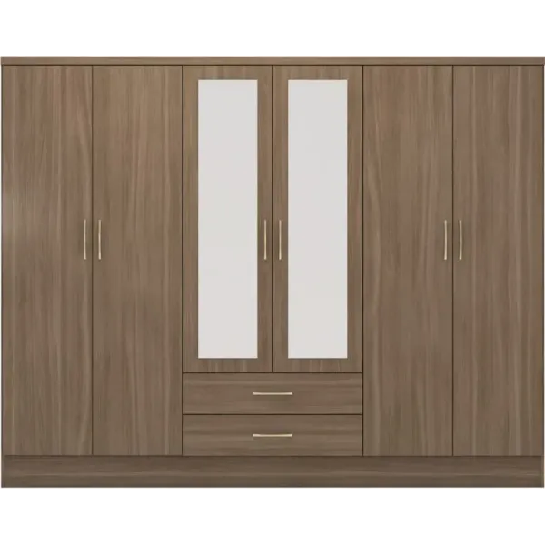 Nevada 6 Door 2 Drawer Mirrored Wardrobe Rustic Oak Effect - Home Divine