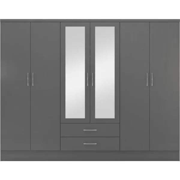 Nevada 6 Door 2 Drawer Mirrored Wardrobe 3D Effect Grey - Home Divine