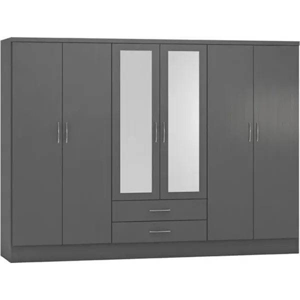 Nevada 6 Door 2 Drawer Mirrored Wardrobe 3D Effect Grey - Home Divine