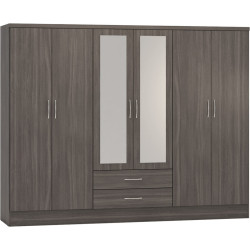 Nevada 6 Door 2 Drawer Mirrored Wardrobe Rustic Oak Effect - Home Divine