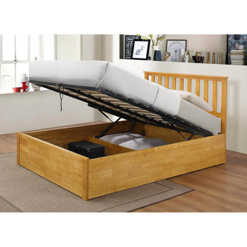 Zoe Storage King Size 5ft Bed Solid Rubberwood Oak Ottoman Up