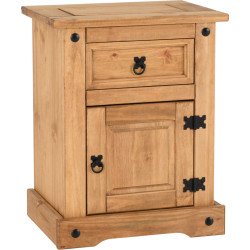 Pine bedside cabinet – front view with metal hardware