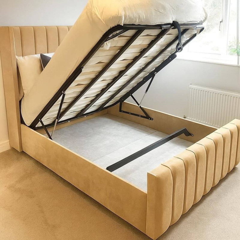 Luxury Winged Panel Ottoman Storage Bed Frames Plush Upholstered Velvet  beige