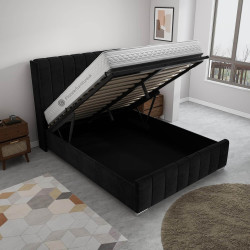 Luxury Winged Panel Ottoman Storage Bed Frames Plush Upholstered Velvet  black