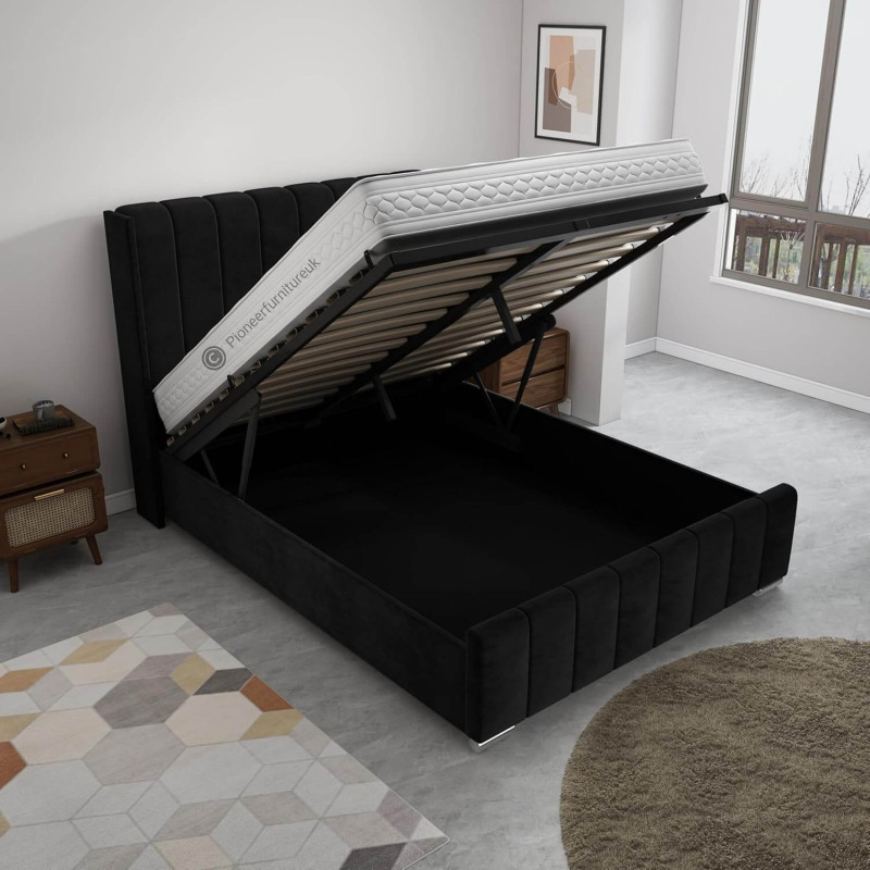 Luxury Winged Panel Ottoman Storage Bed Frames Plush Upholstered Velvet  black