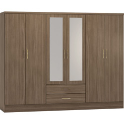 Nevada 6 Door 2 Drawer Mirrored Wardrobe Rustic Oak Effect - Home Divine