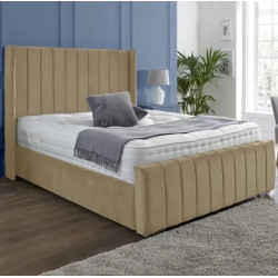Luxury Winged Panel Ottoman Storage Bed Frames Plush Upholstered Velvet  beige closed
