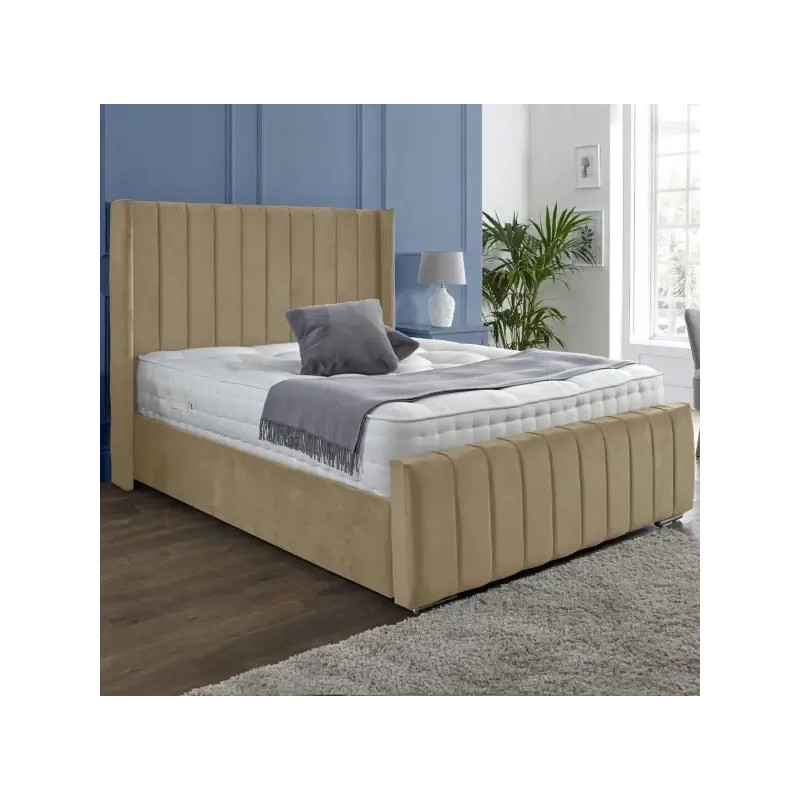Luxury Winged Panel Ottoman Storage Bed Frames Plush Upholstered Velvet  beige closed