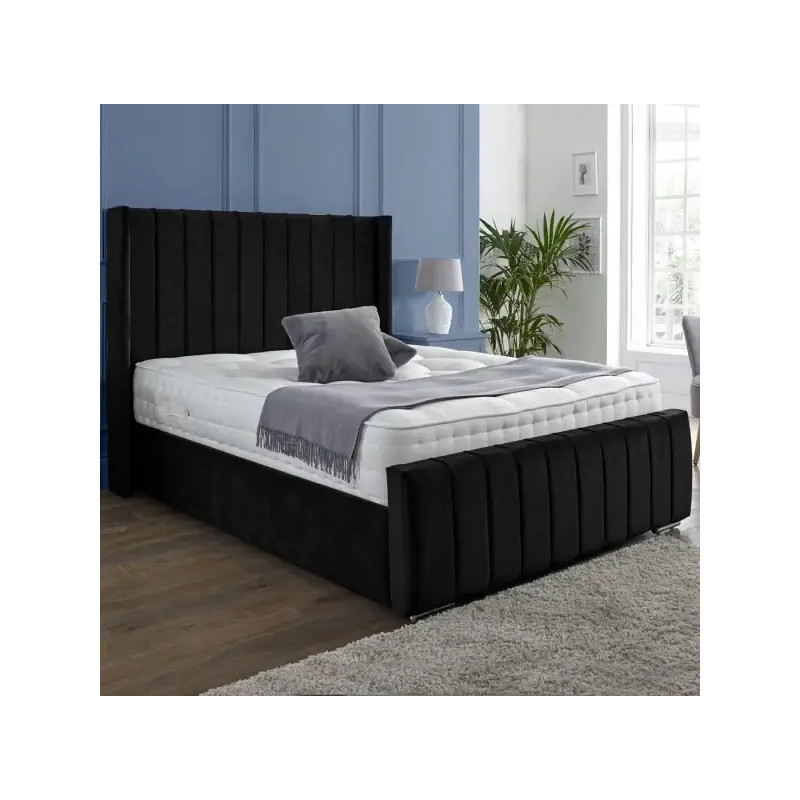 Luxury Winged Panel Ottoman Storage Bed Frames Plush Upholstered Velvet  black closed