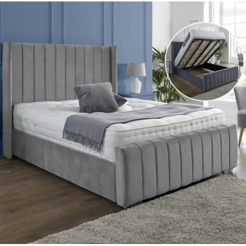 Luxury Winged Panel Ottoman Storage Bed Frames Plush Upholstered Velvet  grey side
