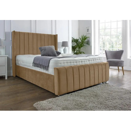 Luxury Winged Panel Plush Upholstered Velvet Bed Frames beige