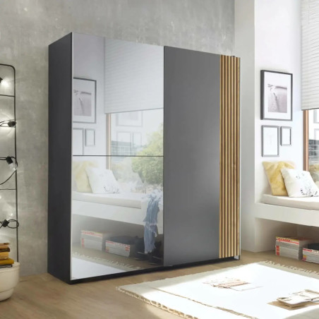 Berno Light Oak and Dark Grey Sliding 2 Door Wardrobe With Mirror room view
