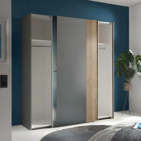 Berno Light Oak and Dark Grey Sliding 2 Door Wardrobe With Mirror opened