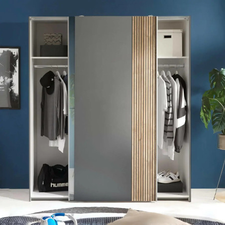 Berno Light Oak and Dark Grey Sliding 2 Door Wardrobe With Mirror hanging rails