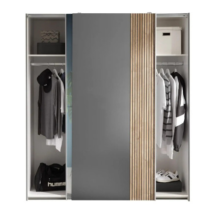 Berno Light Oak and Dark Grey Sliding 2 Door Wardrobe With Mirror with cloths look
