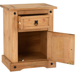 Pine bedside cabinet with door open – distressed waxed pine