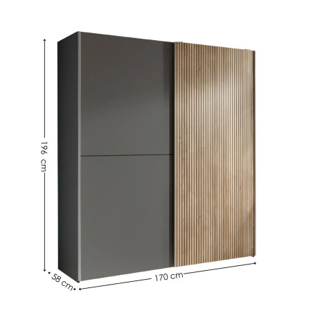 Berno Light Oak and Dark Grey Sliding 2 Door Wardrobe dimensions