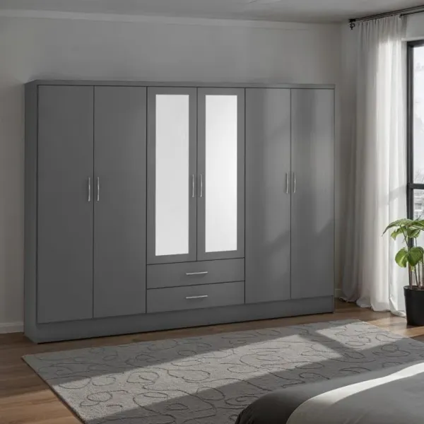 Nevada 6 Door 2 Drawer Mirrored Wardrobe 3D Effect Grey - Home Divine