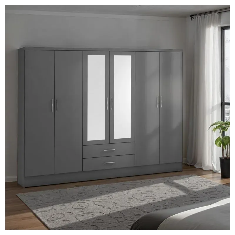 Nevada 6 Door 2 Drawer Mirrored Wardrobe 3D Effect Grey - Home Divine Nevada 6 Door 2 Drawer Mirrored Wardrobe 3D Effect Grey - Home Divine