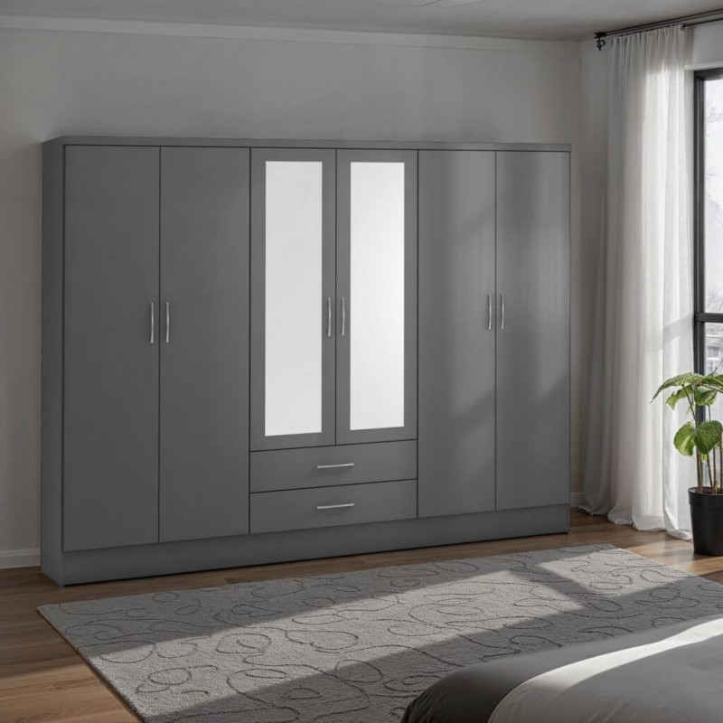 Nevada 6 Door 2 Drawer Mirrored Wardrobe 3D Effect Grey