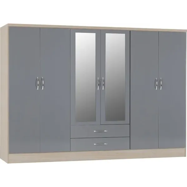 Nevada 6 Door 2 Drawer Mirrored Wardrobe Grey Gloss/Light Oak Effect Veneer