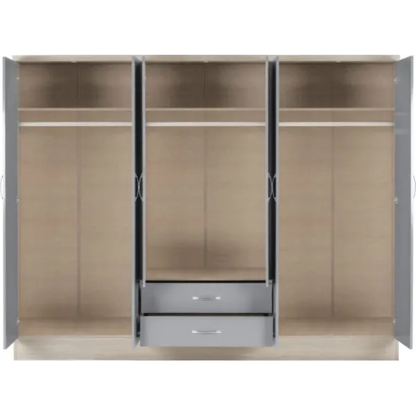 Nevada 6 Door 2 Drawer Mirrored Wardrobe Grey Gloss/Light Oak Effect Veneer