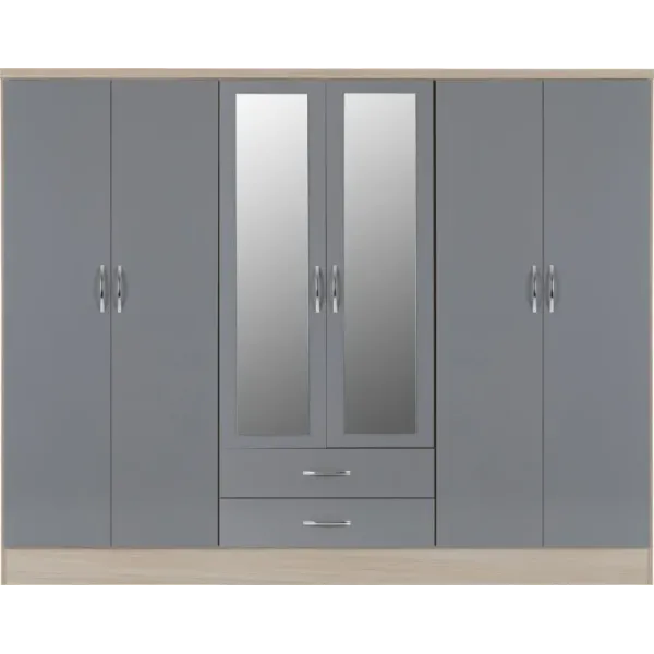 Nevada 6 Door 2 Drawer Mirrored Wardrobe Grey Gloss/Light Oak Effect Veneer