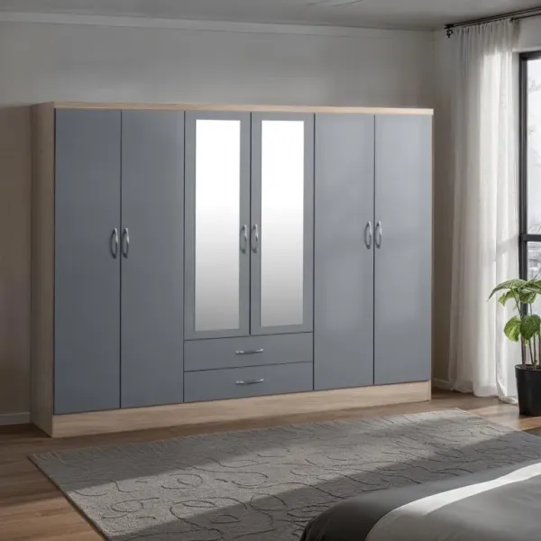 Nevada 6 Door 2 Drawer Mirrored Wardrobe Grey Gloss/Light Oak Effect Veneer