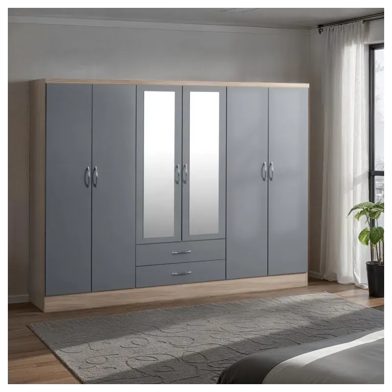 Nevada 6 Door 2 Drawer Mirrored Wardrobe Grey Gloss/Light Oak Effect Veneer Nevada 6 Door 2 Drawer Mirrored Wardrobe Grey Gloss/Light Oak Effect Veneer