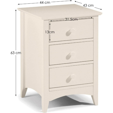 Cameo 3 Drawer Bedside Ivory dimensions