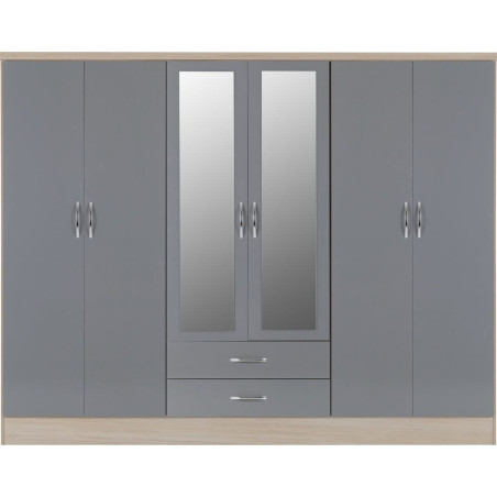 Nevada 6 Door 2 Drawer Mirrored Wardrobe Grey Gloss/Light Oak Effect Veneer - Home Divine