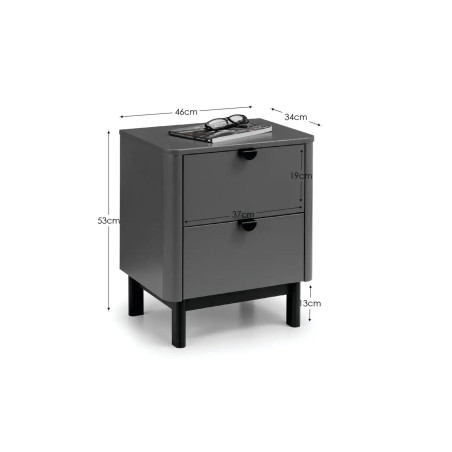 Chloe 2 Drawer Bedside Grey dimensions