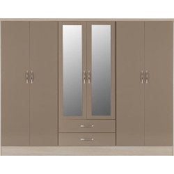 Nevada 6 Door 2 Drawer Mirrored Wardrobe Grey Gloss/Light Oak Effect Veneer - Home Divine