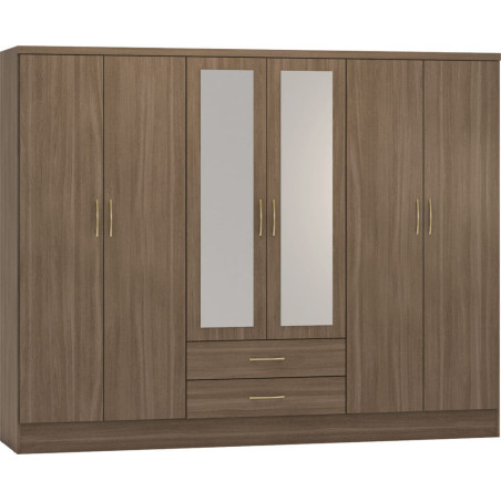 Nevada 6 Door 2 Drawer Mirrored Wardrobe Grey Gloss/Light Oak Effect Veneer - Home Divine
